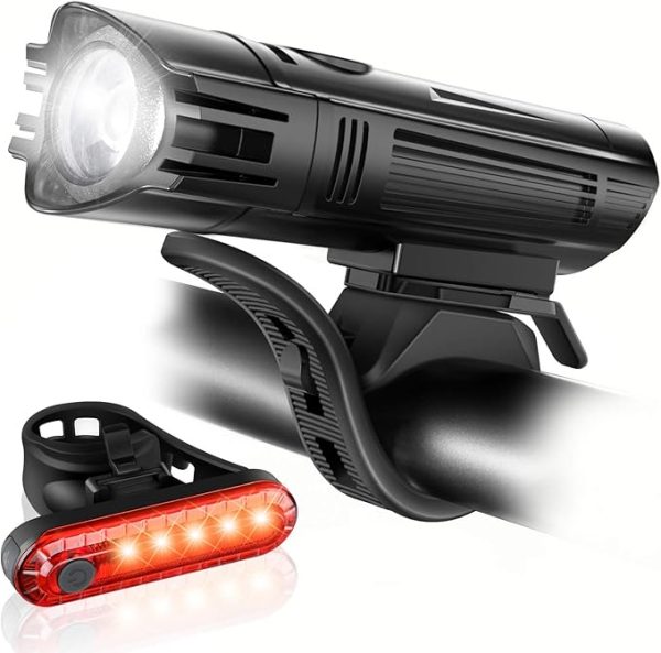 Ascher Ultra Bright USB Rechargeable Bike Light Set, Powerful Bicycle Front Headlight and Back Taillight, 4 Light Modes, Easy to Install for Men Women Kids Road Mountain Cycling Black