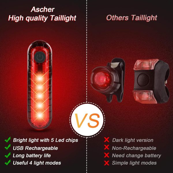 Ascher Ultra Bright USB Rechargeable Bike Light Set, Powerful Bicycle Front Headlight and Back Taillight, 4 Light Modes, Easy to Install for Men Women Kids Road Mountain Cycling Black - Image 7